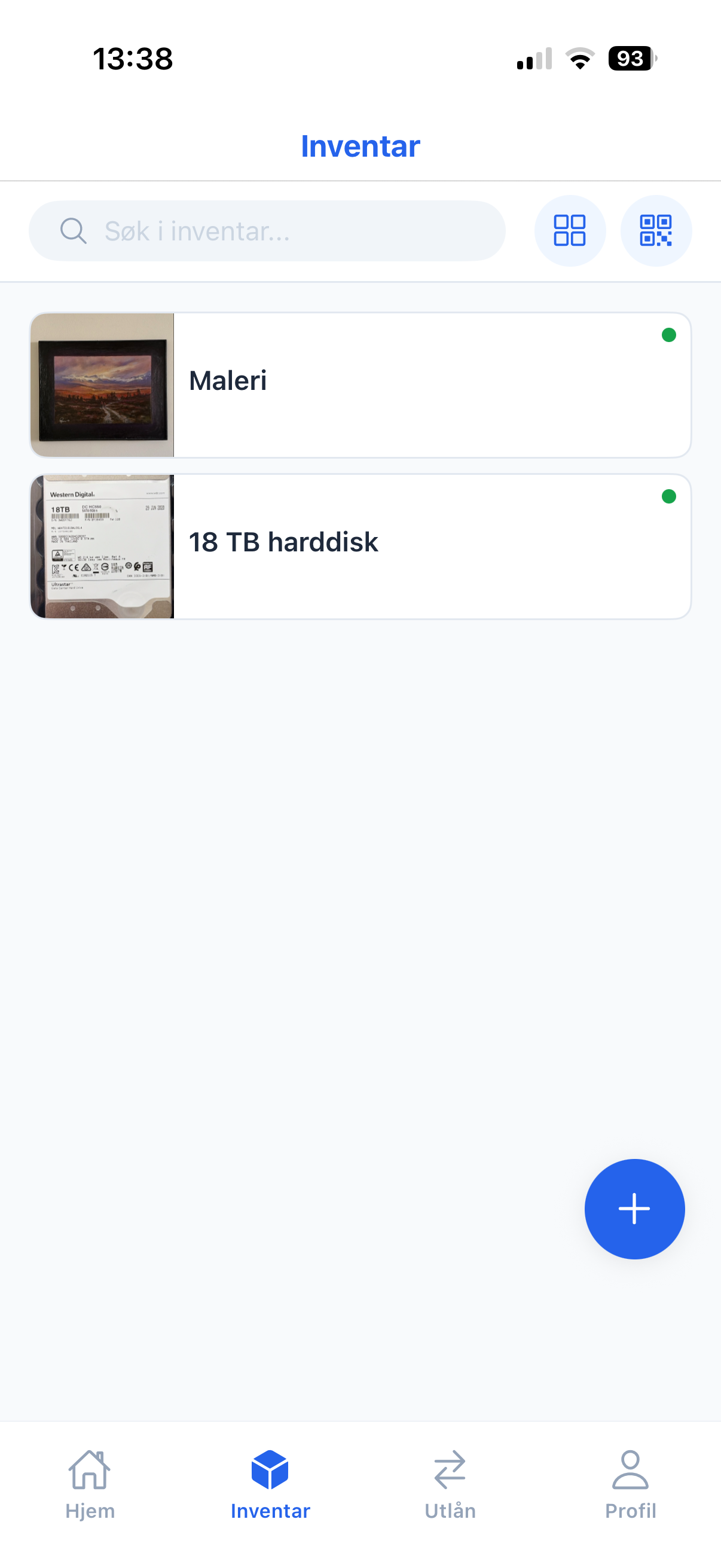 InventarListen mobilapp — inventarliste